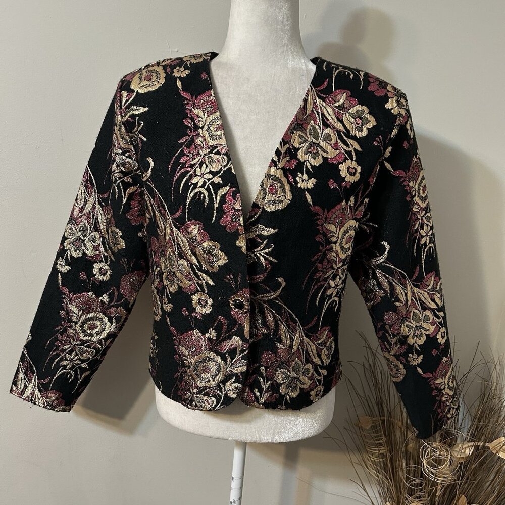 Vtg Ellen D Women Floral Brocade Crop Jacket Black Pink Metallic Lightweight M